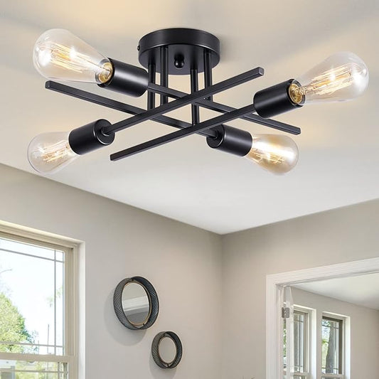 Sputnik Chandeliers, Modern Semi Flush Mount Ceiling Light with E26 Base, Mid Century Industrial Kitchen Farmhouse Light Fixtures for Bedroom Living Room (Black, Ceiling 4 Lights)