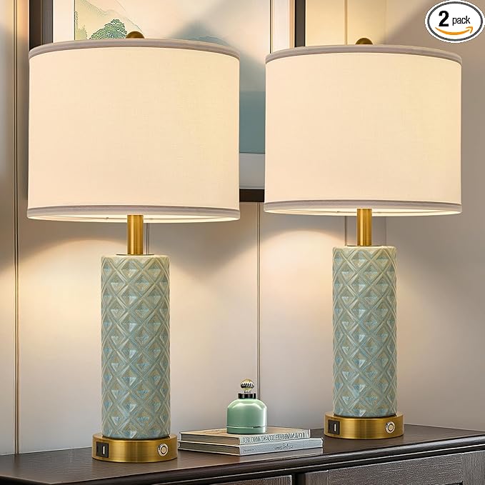 Set of 2 Table Lamp for Living Room Bedroom Farmhouse,26'' Touch Control Bedroom Spa Blue Ceramic Lamps 3-Way Dimmable Bedside Lamps with USB A+C Ports Linen Shade for Home