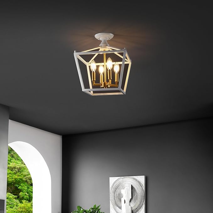 JONATHAN Y JYL7610F Plains Mini Lantern 12" 4-Light Iron Modern Farmhouse LED Flush Mount, Office, Living Room, Family Room, Dining Room, Bedroom, Hallway, Foyer, White/Brass Gold