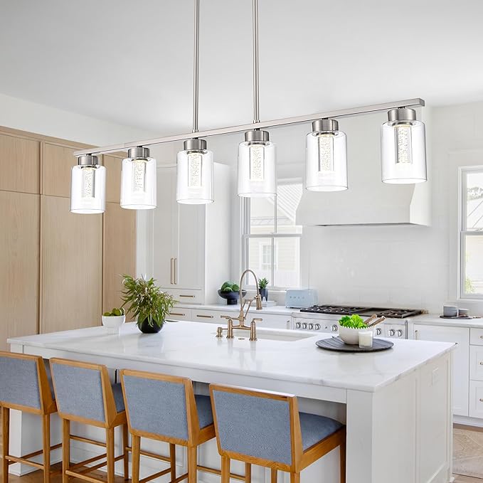 6-Lights 5CCT LED Pendant Light Fixtures LED Integrated Bulbs Included, Modern Dining Room Linear Chandelier with Bubble Crystal LED & Clear Glass Shade, Brushed Nickel Kitchen Island Light