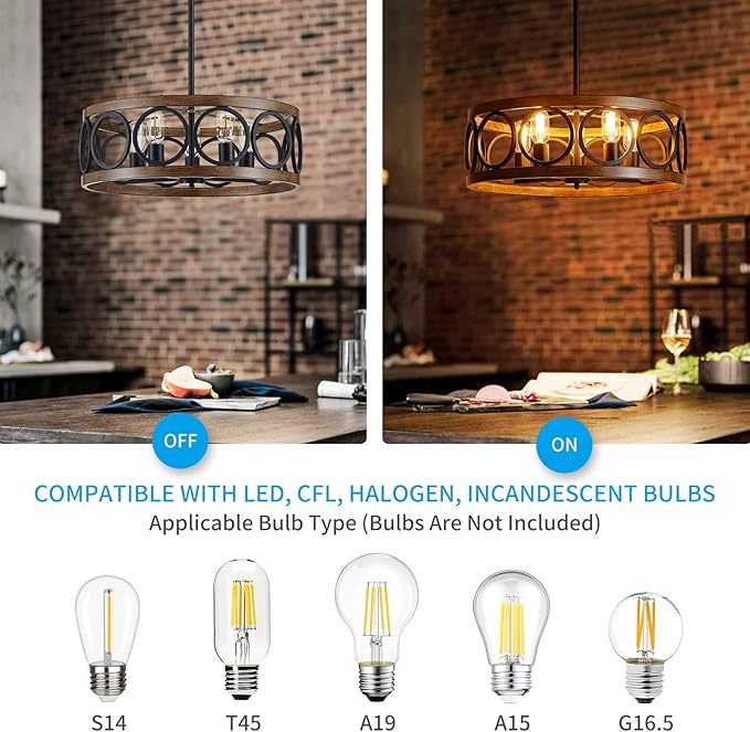 XINGQI Dining Room Chandelier 5-Light Black Modern Chandelier 21.7'' Farmhouse Drum Pendant Light Fixture for Living Room Kitchen Island Bedroom Office with Wood Grain Finish