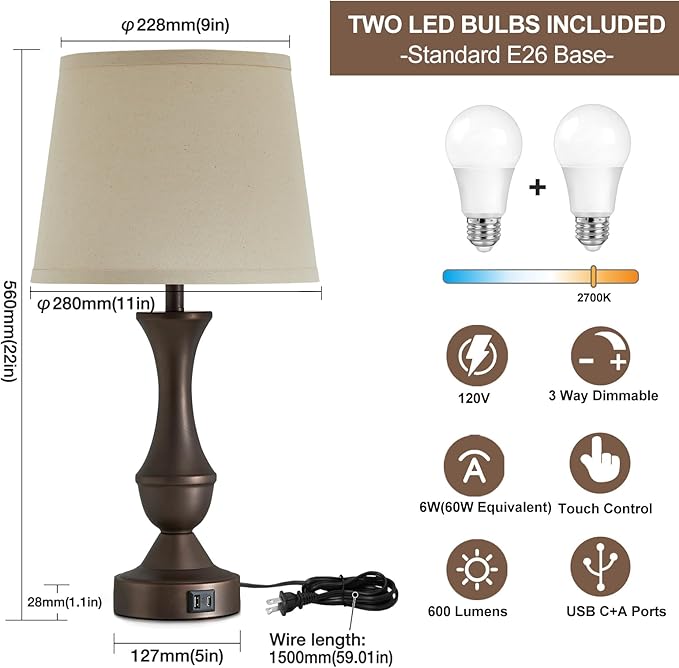 Luvkczc 22" Table Lamp Set of 2 - Vintage Brown Bedside Lamp with Beige Fabric Shade, 3-Way Dimmable, USB C+A Ports, Nightstand Lamp for Living Room Bedroom (Bulb Included)