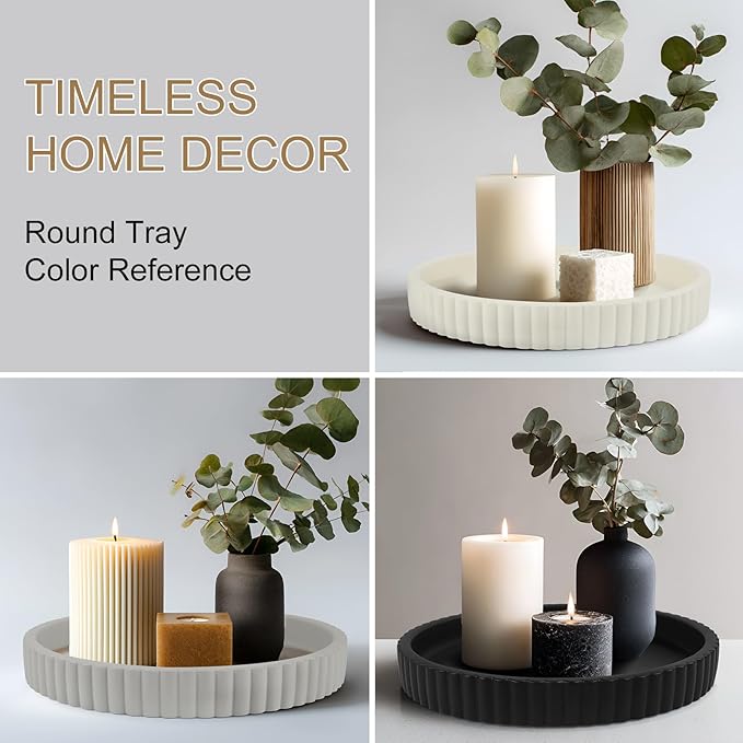 Round Decorative Tray for Coffee Table Decor-Modern Home Decor Tray-Concrete Coffee Table Serving Tray-Centerpiece Table Tray-Ottoman,Vanity, Bathroom, Kitchen,Dresser (White)