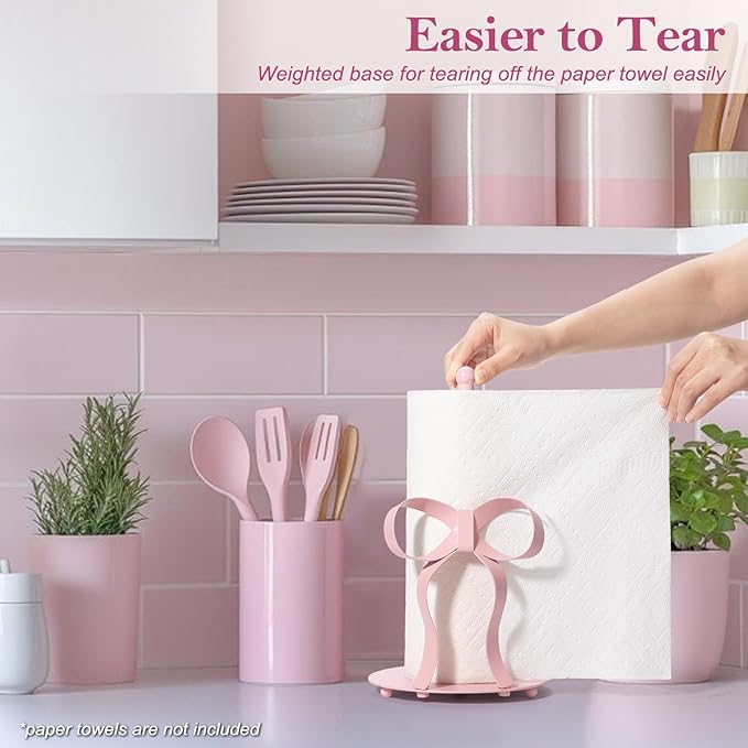 Pink Bow Paper Towel Holder Coutertop - Bow Accent Paper Towel Holder, Pink Kitchen Decor and Accessories, Coquette Room Decor Girly Gifts for Women, 3D Handmade Pattern, Weighted Base