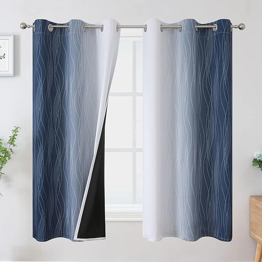 Estelar Textiler Grayish White and Navy Blue Blackout Curtains for Living Room, Ombre Thermal Insulated Noise Reducing Blackout Drapes for Bedroom, Room Darkening Grommet Curtains, 42Wx63L, 2 Panels