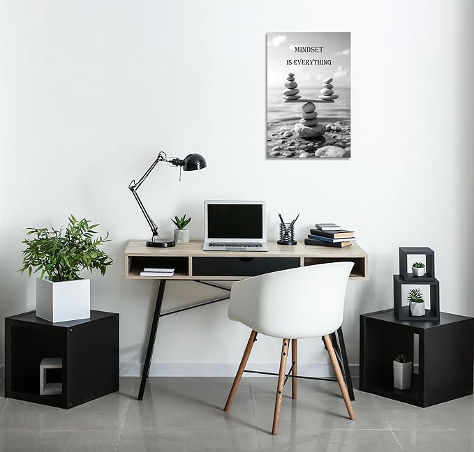 YIOZHAOFH Mindset Wall Art for Zen Office Inspirational Pictures Wall Decor Motivational Quotes Canvas Art Black and White Landscape Nature Print Poster Painting Framed for Meditation Spa Room Bedroom (16L x 24W)