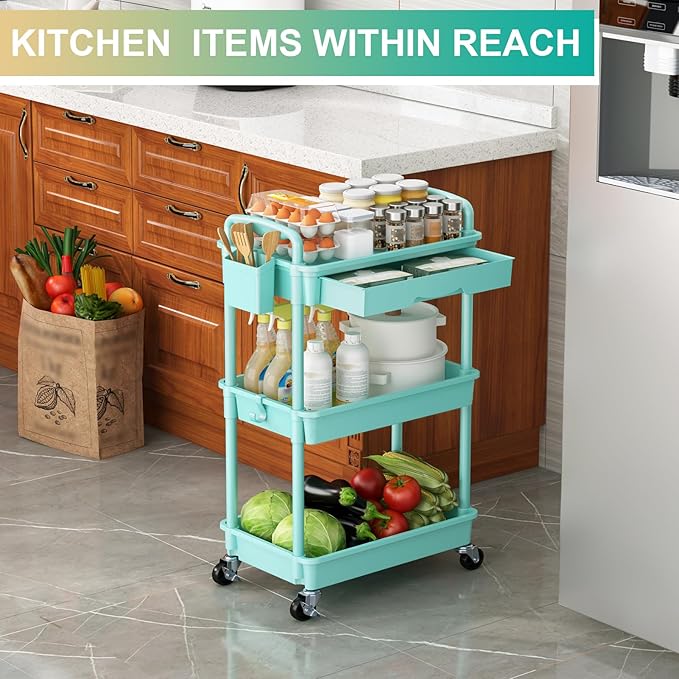 Goovilla 3 Tier Rolling Utility Cart Organizer with Removable Drawer, Stable and Sturdy Blue Rolling Storage Carts with 2 Lockable Wheels for Bathroom, Kitchen, Snack, Craft, Makeup, Baby Essentials