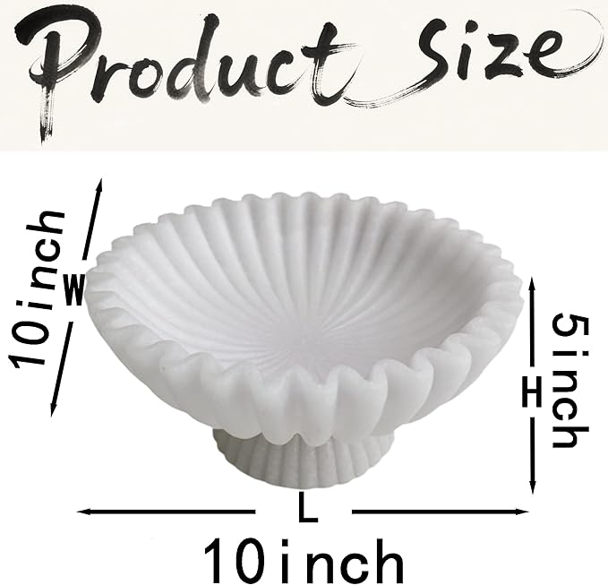10" Large Decorative Bowl decor, Scalloped Bowls for Modern Home Decor,Ruffle Decor,Stylish Key Bowl for Entry Table,Decorative Fruit Bowl for Kitchen Counter,With base,Artificial Stone White