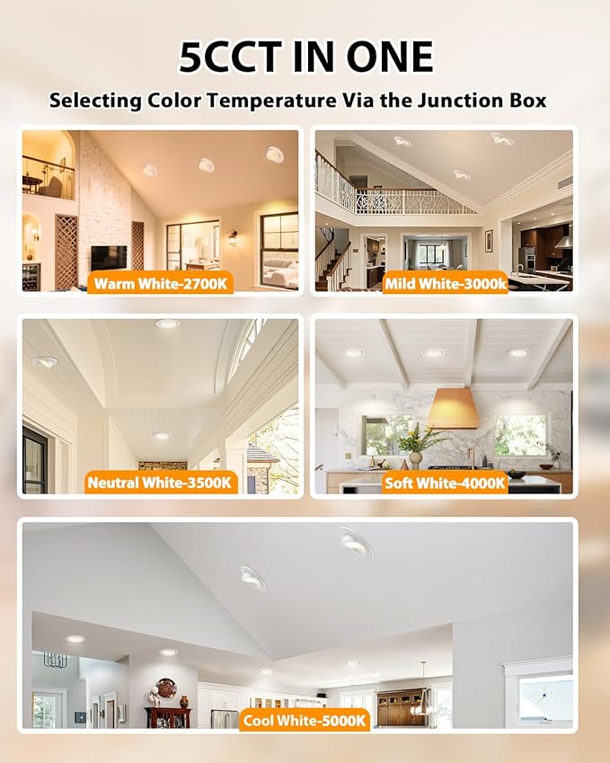 Adetu Led Recessed Lighting 6 inch, 360°+90° Adjustable Directional Gimbal 6 inch Led Recessed Light, 2700K-5000K 5CCT Dimmable Retrofit Eyeball Can Recessed Lights with Jbox, ET (White,1 Pack)