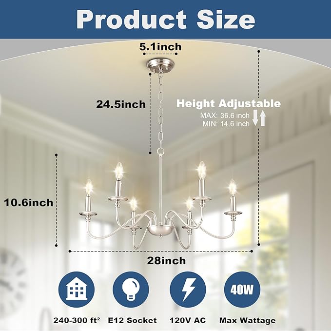 Depuley Modern Chandelier for Dining Room: 6-Light Brushed Nickel Farmhouse Hanging Ceiling Pendant Light Fixture for Kitchen Island - Industrial Vintage Candle Chandeliers for Living Room