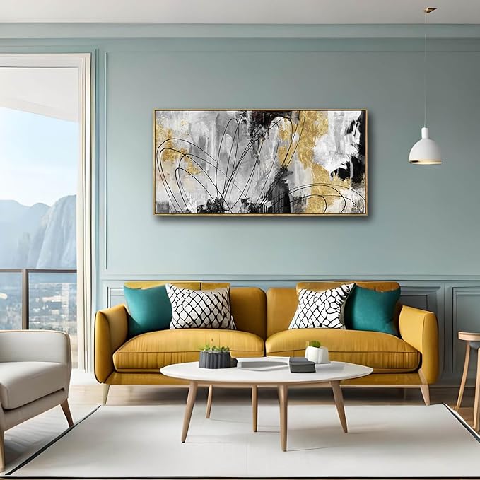 YJYart Line Art Wall Decor Black and Gold Wall Artwork 20"x40" Canvas Wall Art for Living Room Kitchen Wall Picture Ready to Hang