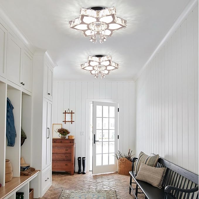 FRIXCHUR 16.1 Inch Dimmable Modern Crystal Chandelier Led Ceiling Light Fixture with Remote Flower Chandelier for Living Room Dining Room Closet