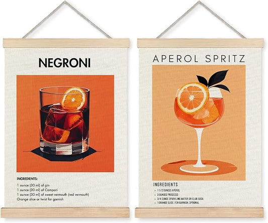 Yomisex Italy Negroni Aperol Spritz Cocktail Wall Art Poster, Vintage Italian Cocktail Drinks Canvas Prints Wall Art Framed for Home Kitchen Bar Pub Decor, 12x16 Inch Set of 2