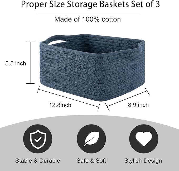 OIAHOMY Cotton Rope Woven Baskets for Storage, Nursery Rectangle Storage Basket with Handles for Shelves, Pack of 3, Blue