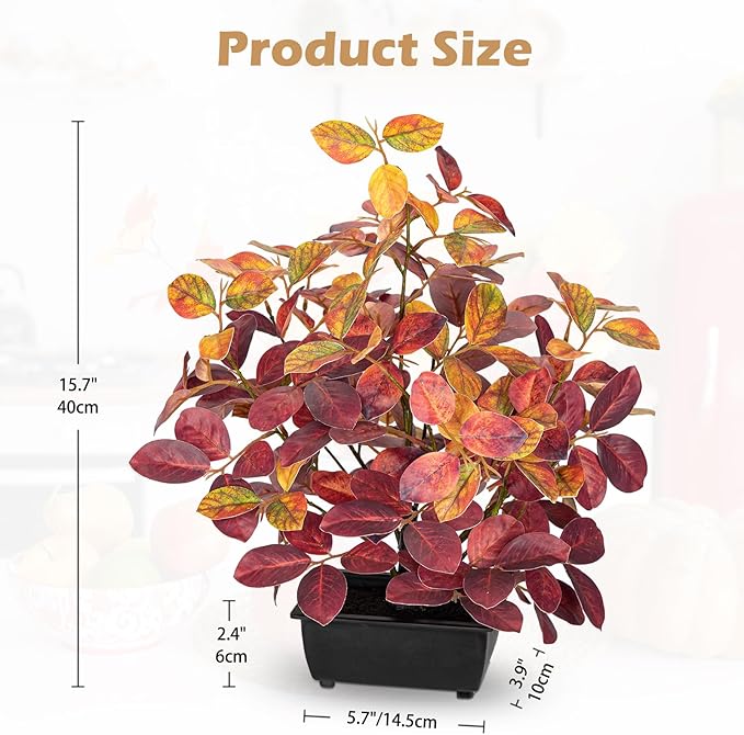 Briful 15.7" Fake Fall Bonsai Plant in Black Pot, Artificial Autumn Eucalyptus Plant with Red Orange Leaves Faux Plant Indoor for Home Office Room Shelf Table Centerpiece Thanksgiving Decor