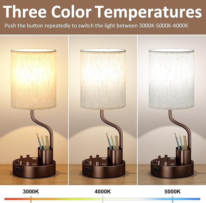 Bedside Table Lamps for Bedroom Set of 2 - Nightstand Lamp with AC Outlet Charging Port and USB A C, 3 Color Temperatures, Included Phone Holder & Pen Holder, Brown Night Stand Lamps for Guest Room