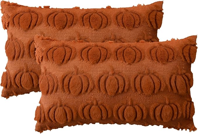 AVOIN colorlife Fall Pumpkin Caramel Throw Pillow Covers, 12 x 20 Inch Seasonal Autumn Thanksgiving Harvest Decoration Soft Plush Faux Fur Jacquard Cushion Case Decoration for Sofa Couch Set of 2