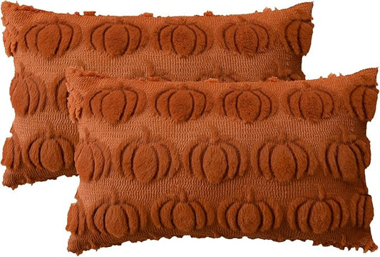 AVOIN colorlife Fall Pumpkin Caramel Throw Pillow Covers, 12 x 20 Inch Seasonal Autumn Thanksgiving Harvest Decoration Soft Plush Faux Fur Jacquard Cushion Case Decoration for Sofa Couch Set of 2