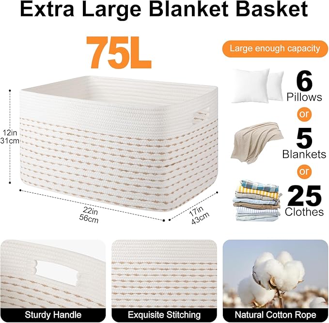 OIAHOMY 75L Blanket Basket, Woven Cotton Rope Basket for Organizing 22”x17”x12”, Used for Living Room, Bedroom, Nursery, Light Yellow & White