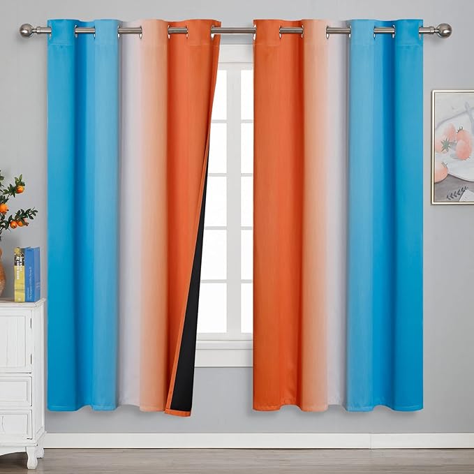 Ombre Orange and Blue Blackout Curtains 72 Inch Length 2 panels, Full Room Darkening Curtains for Bedroom, Thermal Insulated Gradient Drapes, Full Light Blocking Curtains with Grommet, 52x72 Inch