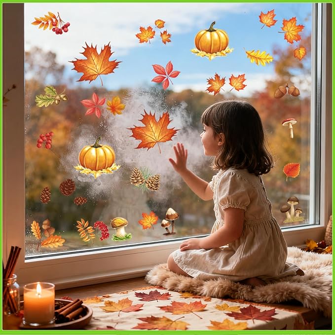 Fall Window Clings for Glass Windows, 71pcs Autumn Window Clings Maple Leaf Pumpkin Window Sticker Thanksgiving Decor, 7 Sheets Fall Decorations for Classroom Office Home Indoor Clearance Party
