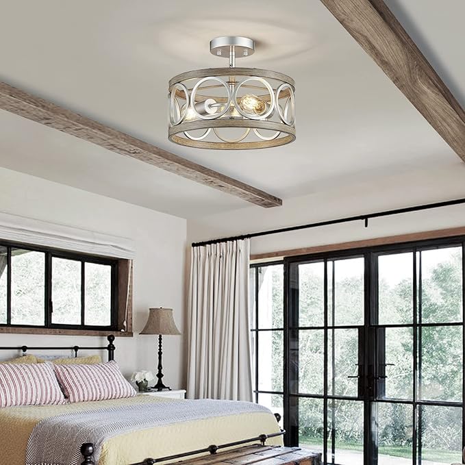 XINGQI 13" Modern 3-Light Brushed Nickel Rustic Semi Flush Mount Ceiling Light Fixture Wood Grain Metal Round Lamp for Kitchen Dining Room Bedroom Entryway