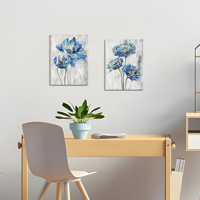 Color Play Blue Flower Canvas Wall Art: Bathroom Bedroom Abstract Lotus Floral Painting Picture 2 Piece Modern Botanical Nature Giclee Print Artwork for Living Room Home Decor Ready to Hang