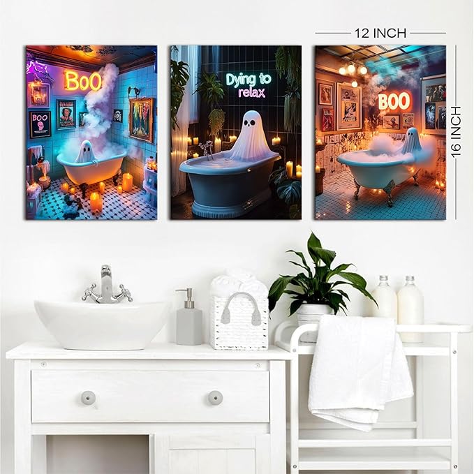 Halloween Bathroom Decor Funny Ghost Wall Art Funny Ghosts in Bathtub Pictures for Bathroom Fall Party Theme Paintings Spooky Humor Posters Artwork for Living Room Holiday Home Decoration 12x16" 3Pcs