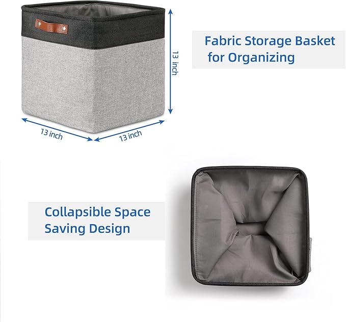 Temary Cube Storage Baskets 13 X 13 X 13 Fabric Storage Bins for Toys, Large Baskets Organization with Handles, Bins for Organizing Towels, Blankets, Collapsible Shelf Basket (Black&Gray)