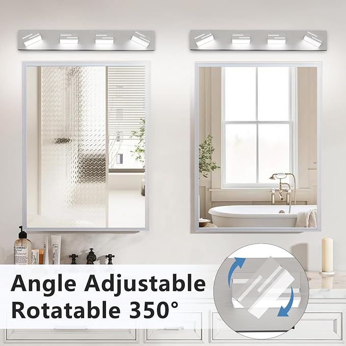 LED Modern Bathroom Vanity Light Fixtures,4-Light 28-inch Dimmable Brushed Nickel Vanity Lights for Bathroom Lighting Fixtures Over Mirror, with 350° Rotatable Acrylic Heads (Cool White 6000K)