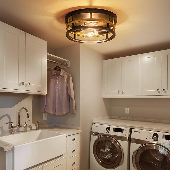 2 Light Industrial Ceiling Light Black Gold Semi Flush Mount Lights Close to Ceiling Light Fixtures,cage design Farmhouse Ceiling Lighting for Kitchen Bedroom Bathroom Foyer Hallway (E26, 2Pack)