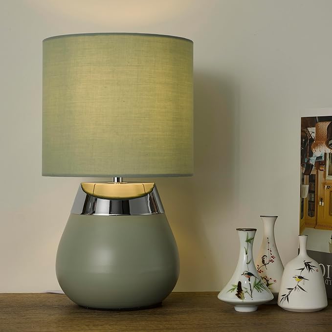 Small Modern Touch Eye Protection Bedside Table Lamp, 7 x 7 x 12 Inch Light Green Metal Base Table Lamp for Bedrooms and Office (Light Green Fabric Lampshade)