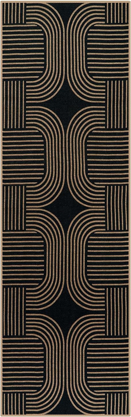 Lahome Modern Geometric Black Runner Rug, 2x8 Indoor Outdoor Hallway Kitchen Runner Rug with Rubber Backing, Farmhouse Washable Non Slip Non Shedding Floor Carpet for Bedroom Entry Patio