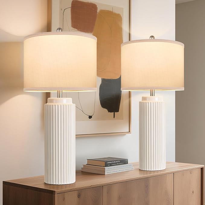 28’’ Farmhouse Ceramic Table Lamps Set of 2 for Living Room, Cream Vintage Bedside Table Lamps with White Linen Shade, Rustic Nightstand Lamps for Bedroom Home Office End Table Dorm