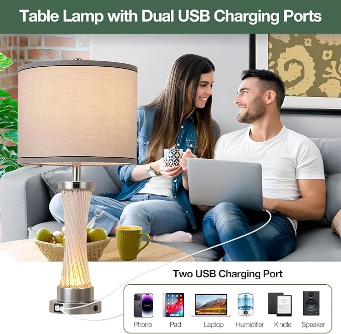 3-Way Dimmable Table Lamp Set of 2,Touch Control Lamp with Night Light,Modern Crystal Table Lamps for Bedroom,Living Room,Bedside Lamps with USB A+C Ports,Fabric Lampshade(Blubs Included)