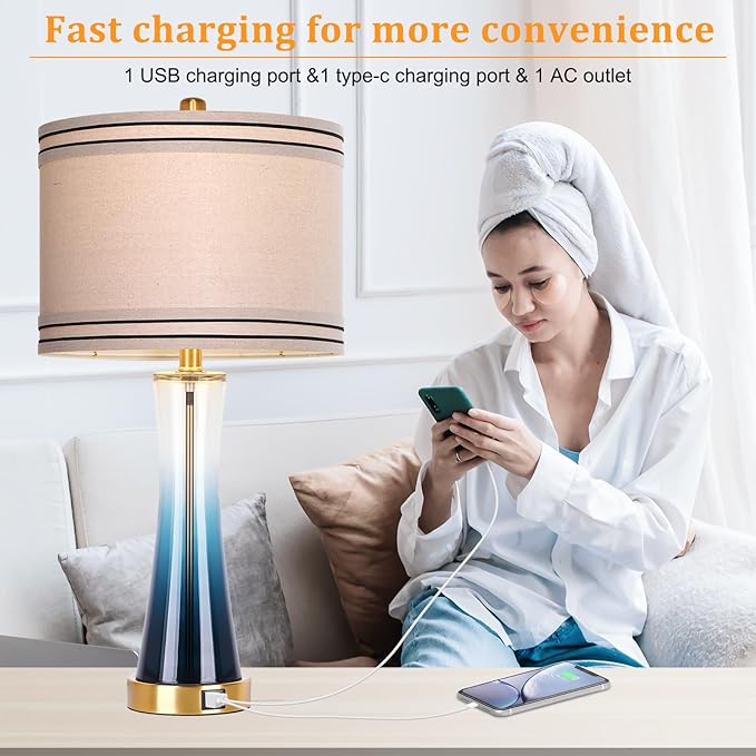 27.4''Table Lamps for Living Room Set of 2,3-Way Dimmable Modern Glass Bedside Lamps with USB Ports,Tall Lamps for Night Stands,Touch End Table Lamps for Bedroom Desk Lamps for Home Office(Blue)