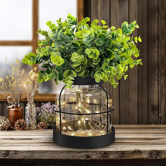 Farmhouse Rustic Primitive Glass Vases Home Decor Vintage Lantern Green Artificial Eucalyptus Plants&Lights Centerpiece for Shelf Desk Office Counter Coffee Table Dining Room Bathroom Kitchen,Black