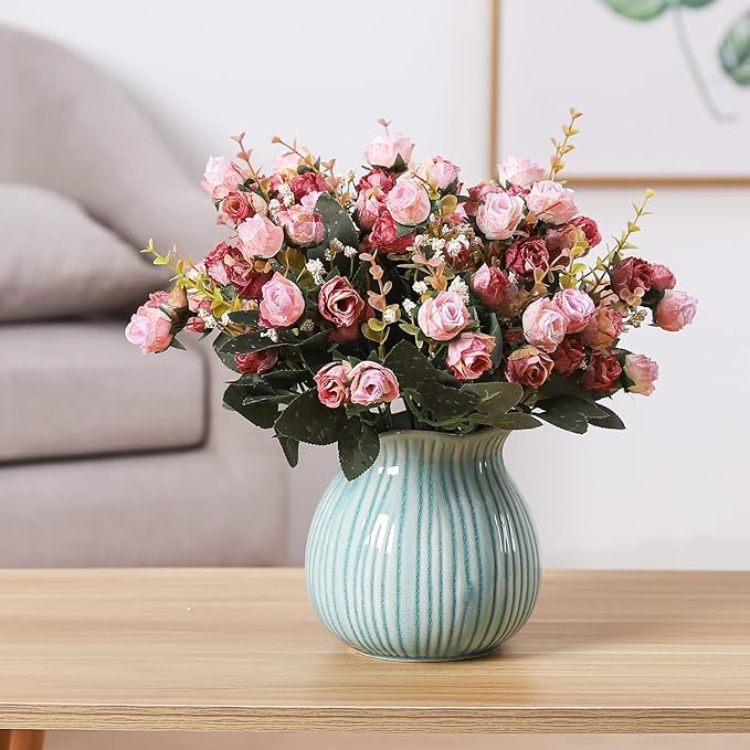 Duovlo 7 Branch 21 Mini Rose Heads Artificial Flowers Bouquet Wedding Home Office Decor,Pack of 4 (Pink)