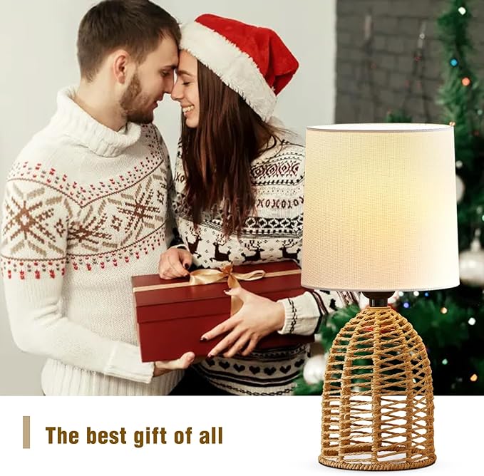 Rattan Lamp Boho Lamps Set of 2-13.75" Mini Farmhouse Table Lamp Rustic End Table Decorative Small Lamps for Small Spaces Bedroom Nightstand Living Room Reading Desk Side Table Lamp