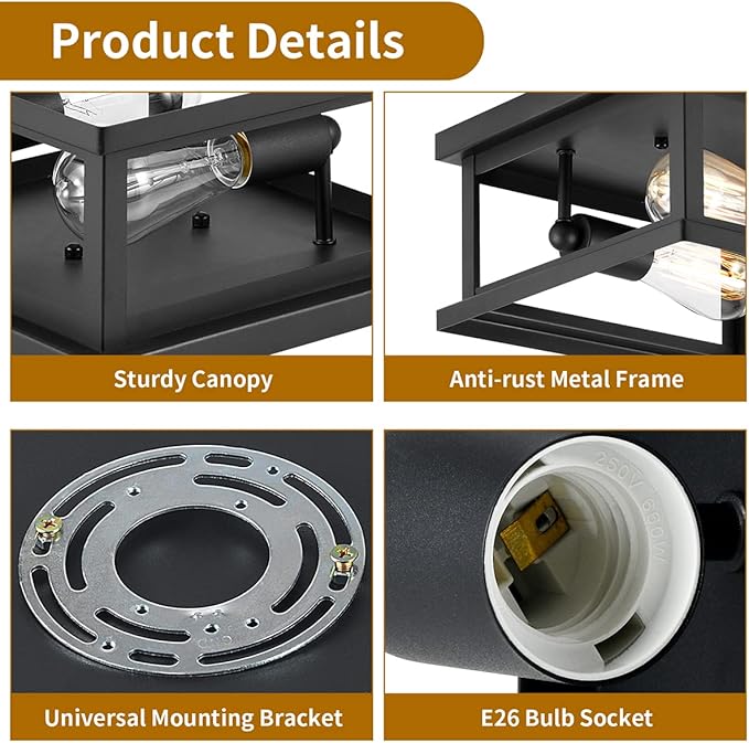 Drosbey 2-Light Flush Mount Ceiling Light Fixture, Farmhouse Light Fixtures, Industrial Vintage Ceiling Light for Kitchen, Bedroom, Hallway, Laundry