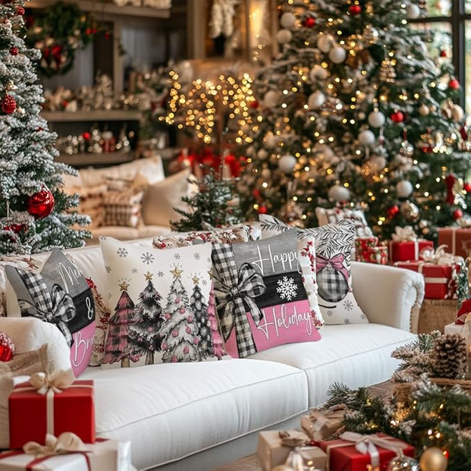 GEEORY Christmas Throw Pillow Covers 16 x 16 Inch Set of 4, Xmas Trees Merry and Bright Happy Holidays Farmhouse Decorative Cushion Cases for Home Decoration G596-16