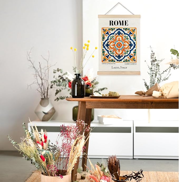 Yomisex Rome Lazio Italy Tile Wall Art Poster, Traditional Roman Tiles Exquisite Porcelain Aesthetic Canvas Prints Wall Art Framed for Home Bedroom Living Room Decor, 12x16 Inch