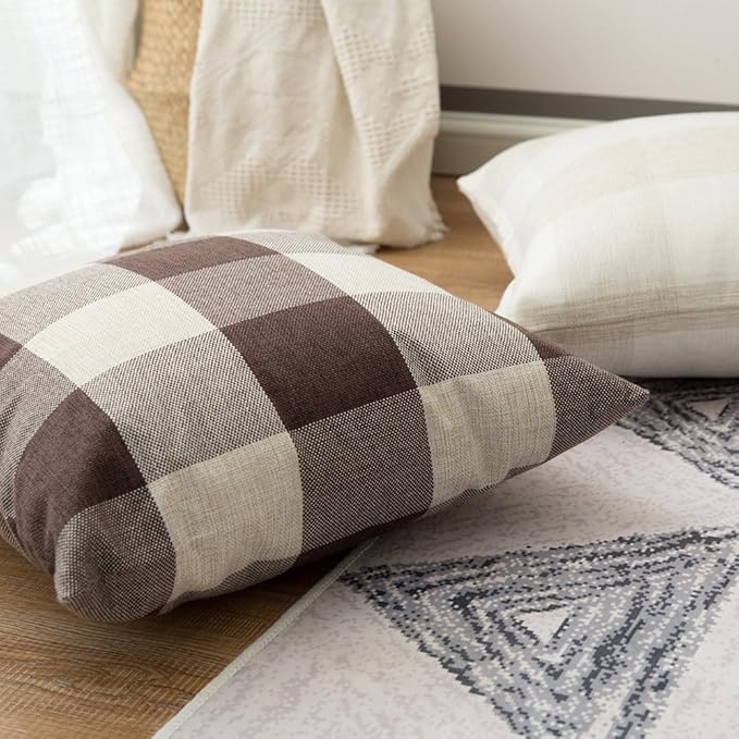 MIULEE Pack of 2 Classic Farmhouse Buffalo Check Plaids Polyester Linen Soft Soild Decorative Square Throw Pillow Covers Home Decor Outdoor Cushion Case for Sofa Bedroom 18 x 18 Inch, Brown and White