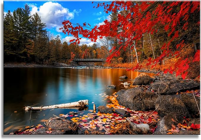 DZL Art S72681 Canvas Wall Art Canvas Artwork Lake Mountain Red Maple Leaf National Park Nature Pictures for Living Room Bedroom Office Wall Decor Home Decoration