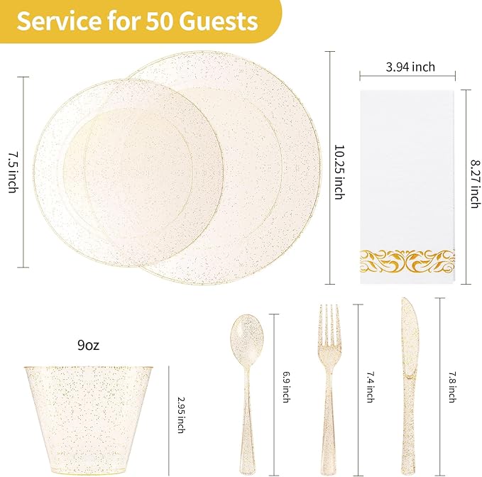Goodluck 350 Piece Dinnerware Set for 50 Guests, Plastic Plates Disposable for Party, Include: 100 Gold Glitter Plastic Plates, 50 Paper Napkins, 50 Cups, 50 Gold Glitter Plastic Silverware Set