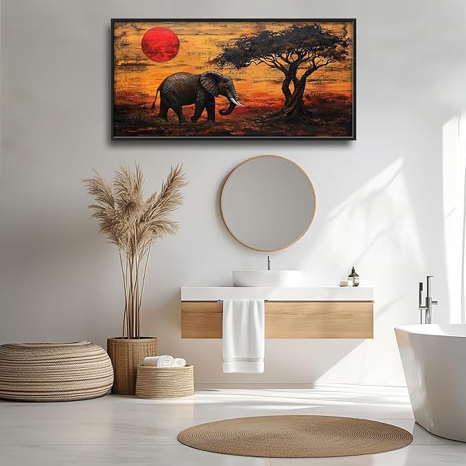 Elephant Framed Wall Art for Living Room, Large African Elephant Canvas Wall Decor, Wild Animal Sunset Pictures Painting, Modern Artwork for Bathroom Bedroom 60L'' × 30W''