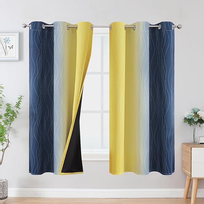 Estelar Textiler Yellow and Navy Blue Blackout Curtains for Boys Bedroom, Full Light Blocking Grommet Ombre Curtains for Living Room, Thermal Insulated Room Darkening Gradient Drapes, 42Wx63L,2 Panels