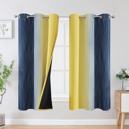 Estelar Textiler Yellow and Navy Blue Blackout Curtains for Boys Bedroom, Full Light Blocking Grommet Ombre Curtains for Living Room, Thermal Insulated Room Darkening Gradient Drapes, 42Wx63L,2 Panels