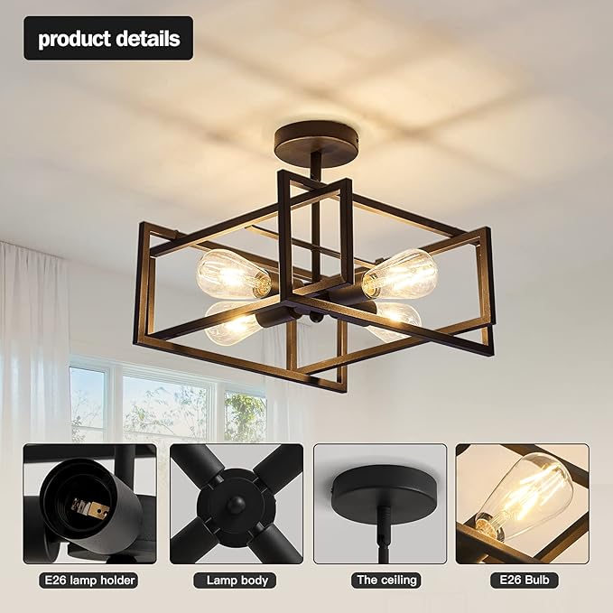 ZGLAOJT 4-Lights Close to Ceiling Light,Black Light Fixture Industrial Flush Mount Ceiling Light ,Farmhouse Chandelier Lighting for Kitchen Island Dining Room Bedroom Foyer Hallway