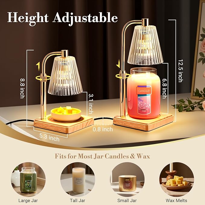 Candle Warmer Lamps 2 Pack, Electric Wax Warmer Lamp with Timer for Jar Candles, Aesthetic Home Decor, Housewarming Gifts for Women, Adjustable Height Clear